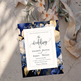 Faire-part de mariage fleurs crème bleu marine élé