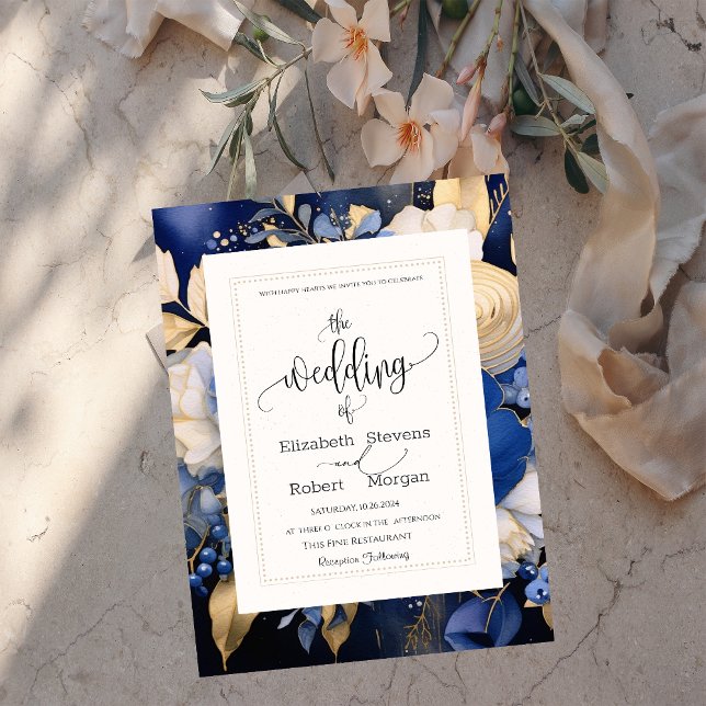 Faire-part de mariage fleurs crème bleu marine élé (Créateur téléchargé)