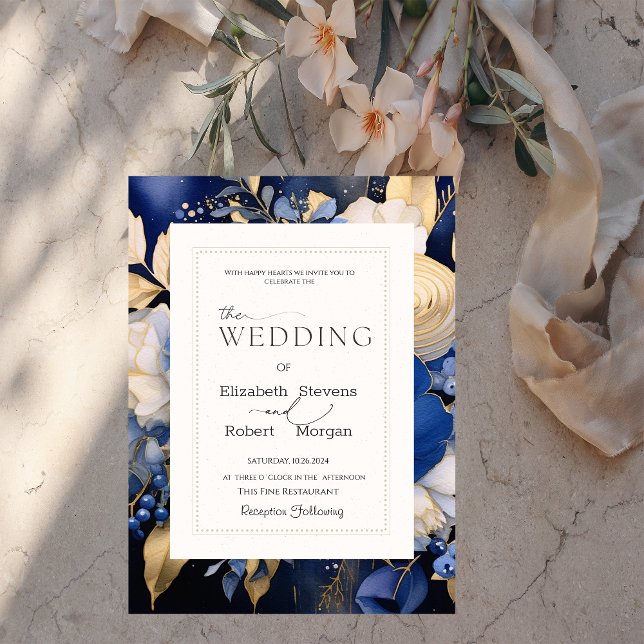 Faire-part de mariage fleurs crème bleu marine élé (Créateur téléchargé)