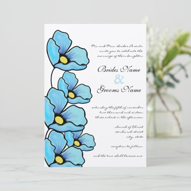 Faire-part de mariage Fleurs de pavot bleu aqua (Debout devant)