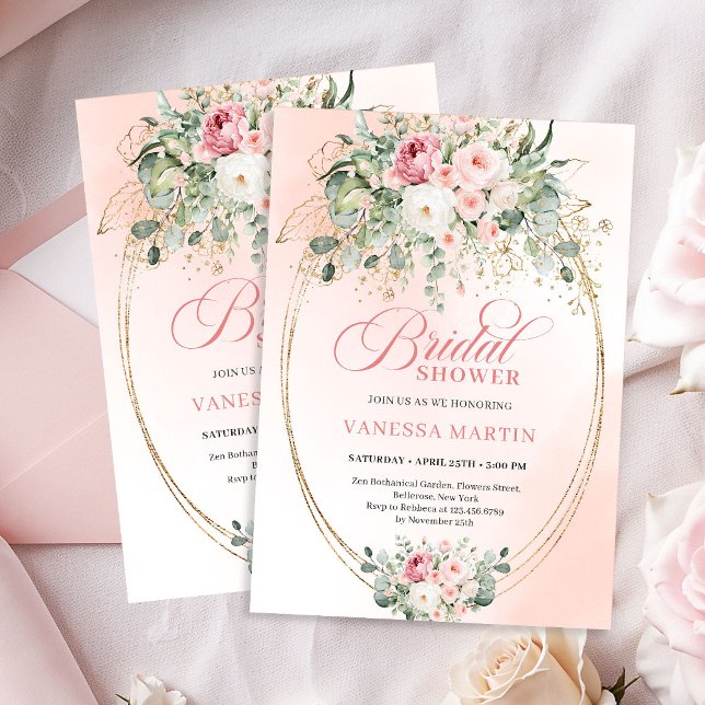 Faire-part de Mariage Fleurs de Rosée Élégantes en (Elegant Blush Roses Bridal Shower Gold Invitation)