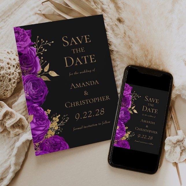 Faire-part de mariage Fleurs Foncées Or Violet (Créateur téléchargé)