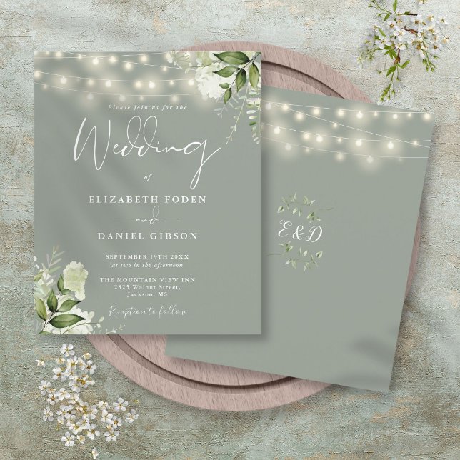 Faire-part de mariage Fleurs lumineuses vert sauge (Budget Floral Lights Sage Green Wedding Invitation)