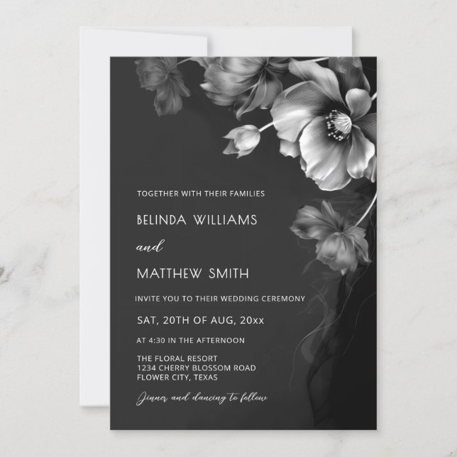 Faire-part de mariage Fleurs Noir Blanc et Argent (Devant)
