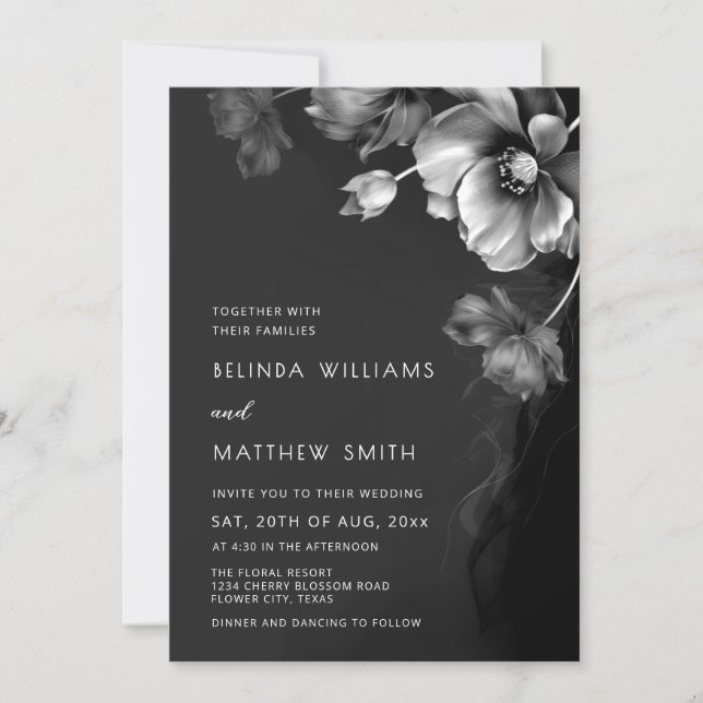 Faire-part de mariage Fleurs Noir Blanc et Argent (Devant)