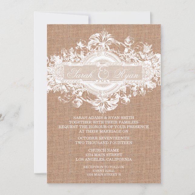 FAIRE-PART DE MARIAGE FLEUVE VINTAGE RUSTIQUE BURL (Devant)