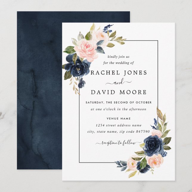 Faire-part de mariage Floraison Florale Navy Rouge (Devant / Derrière)