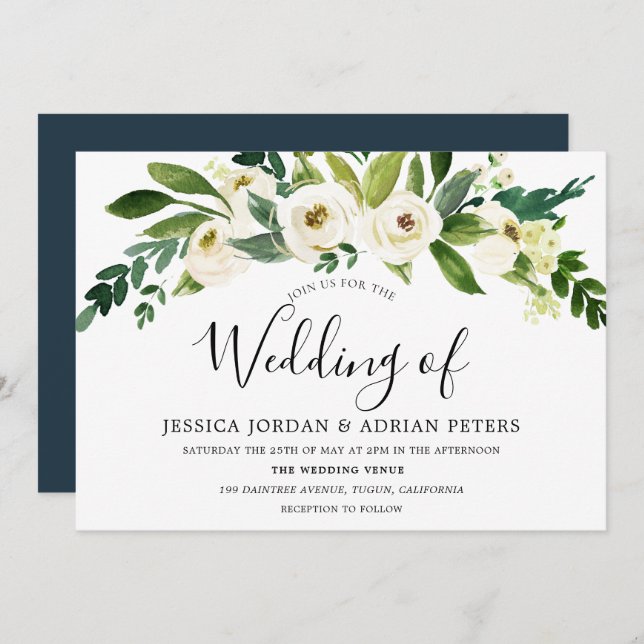 Faire-part de mariage Floral à fleurs blanches (Devant / Derrière)