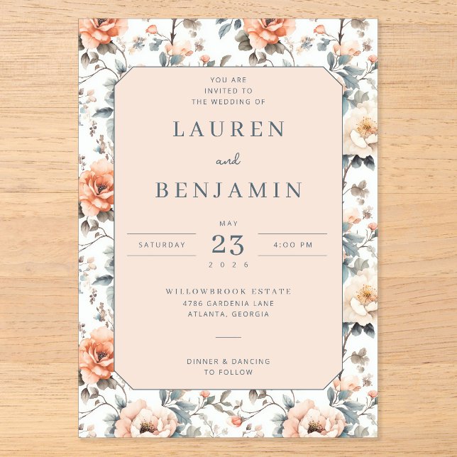 Faire-part de mariage floral à la pêche romantique (Recto)