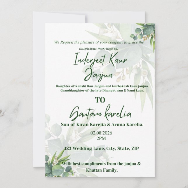 Faire-part de mariage floral à la verdure élégante (Devant)