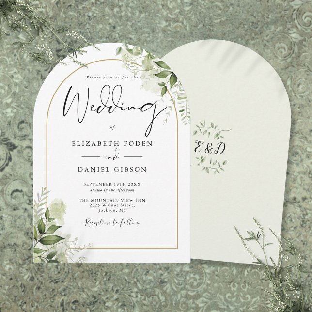 Faire-part de mariage floral à la verdure rustique (Rustic Greenery Floral Gold Arch Monogram Wedding Invitation)