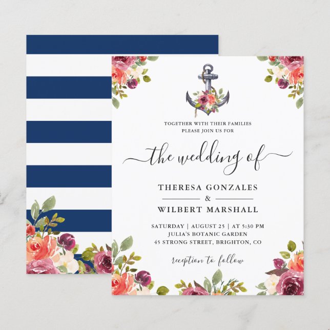 Faire-part de mariage floral à l'ancre nautique (Devant / Derrière)