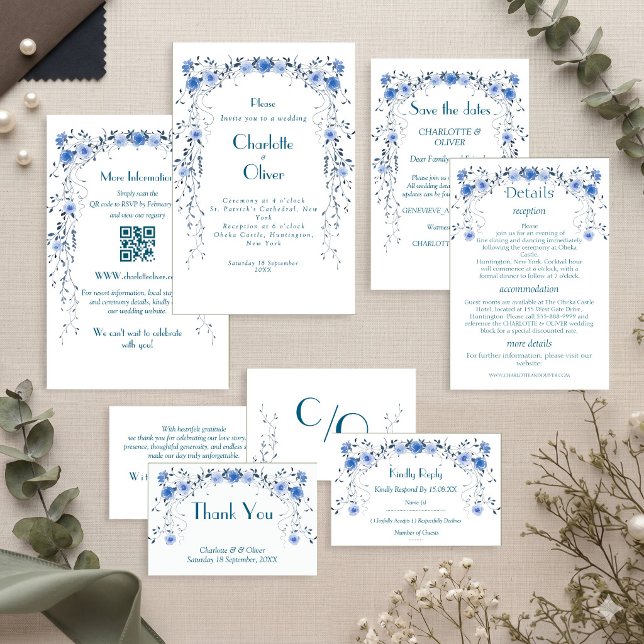 Faire-part de mariage floral à l'aquarelle bleue é (Créateur téléchargé)