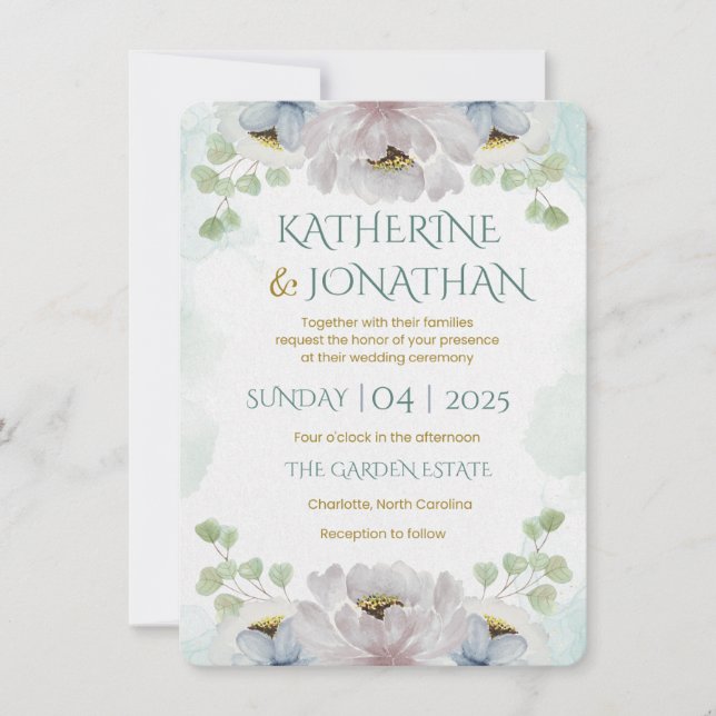 Faire-part de mariage floral à l'aquarelle bleue é (Devant)