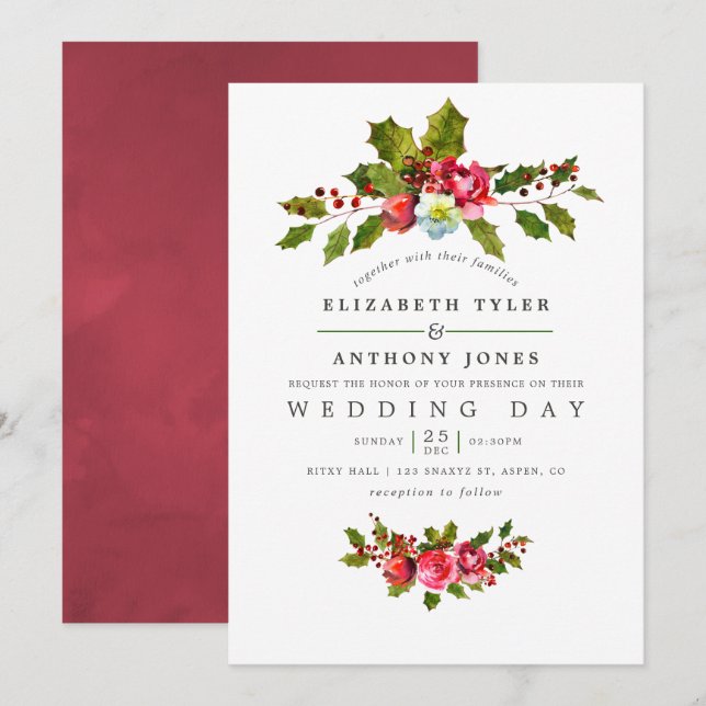 Faire-part de mariage floral à l'aquarelle de Noël (Devant / Derrière)