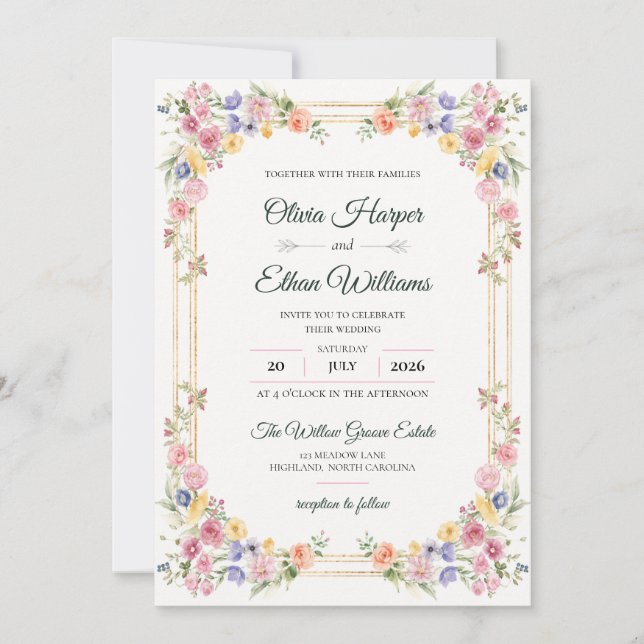 Faire-part de mariage floral à l'aquarelle élégant (Devant)