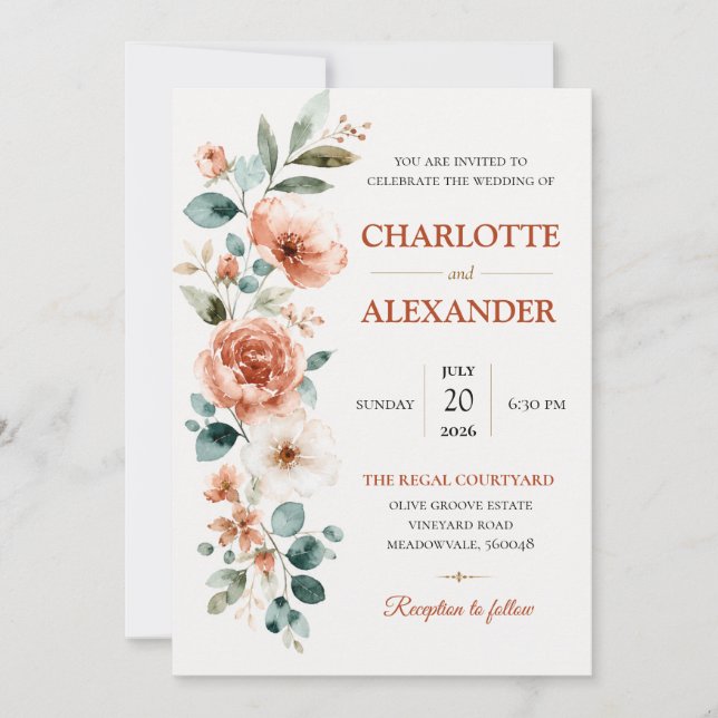 Faire-part de mariage floral à l'aquarelle élégant (Devant)