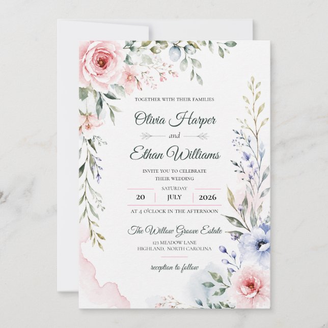 Faire-part de mariage floral à l'aquarelle élégant (Devant)