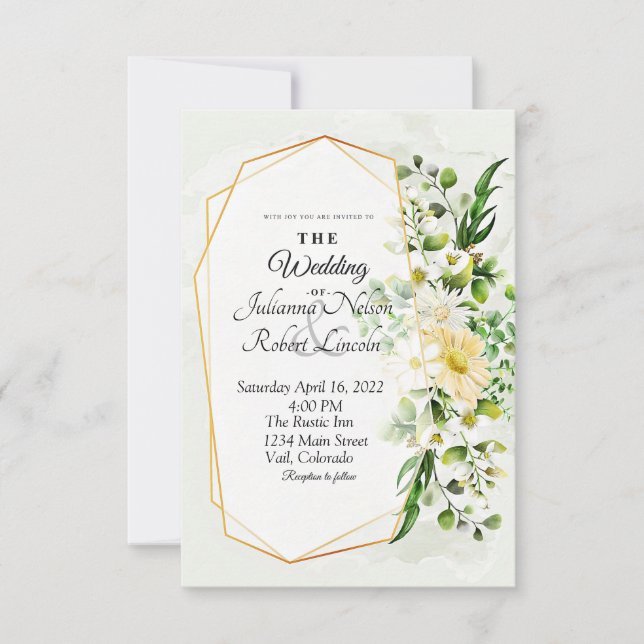 Faire-part de mariage floral à l'eucalyptus et or (Devant)