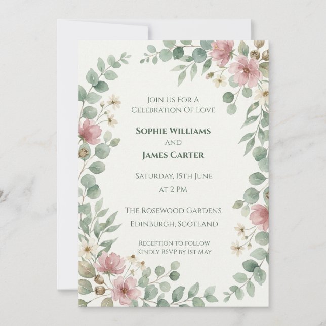 Faire-part de mariage floral à l'eucalyptus rose (Devant)