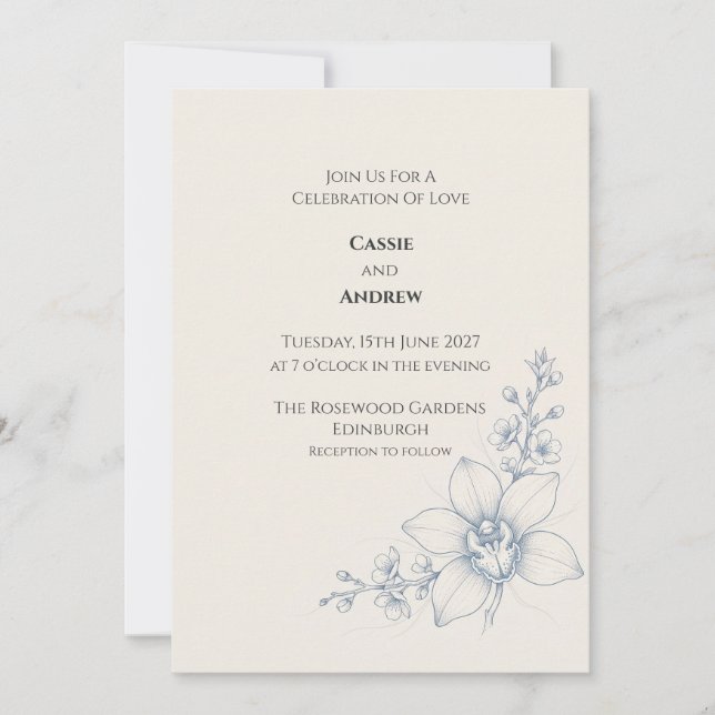 Faire-part de mariage floral à l'orchidée bleu pâl (Devant)