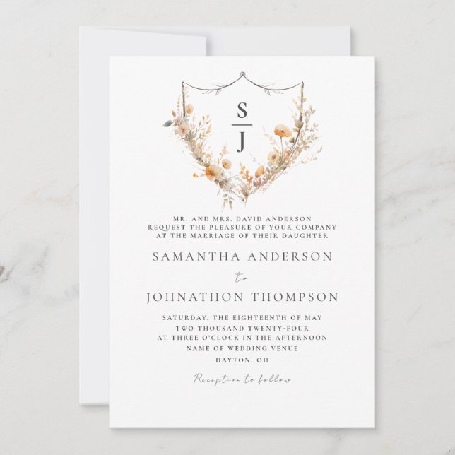 Faire-part de mariage floral à monogramme et blaso (Devant)