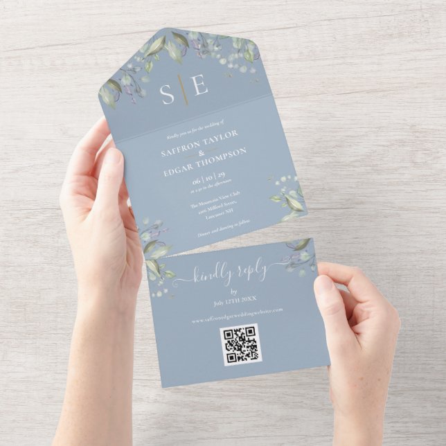 Faire-part de mariage floral à monogramme QR Code  (Déchirure)