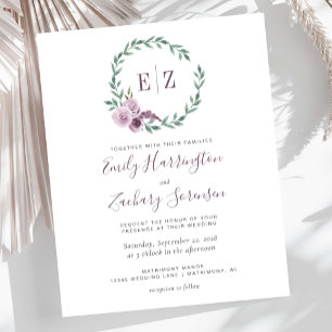 Faire-part de mariage floral à monogramme violet B