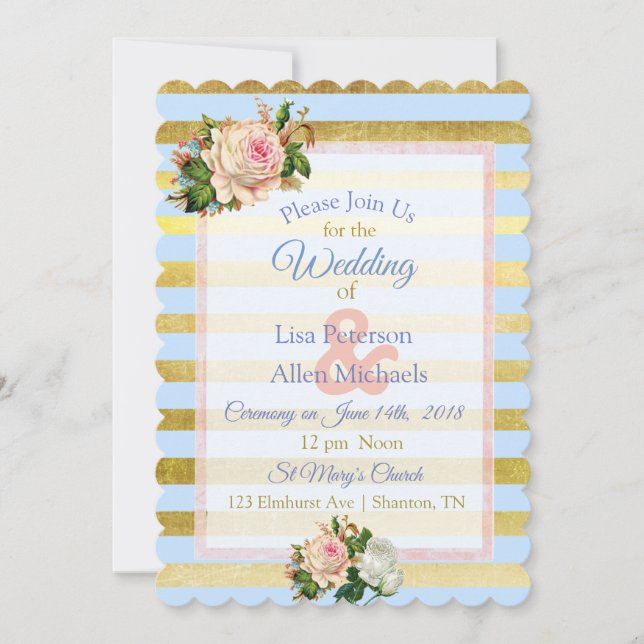 Faire-part de mariage floral à rayures bleu et or (Devant)
