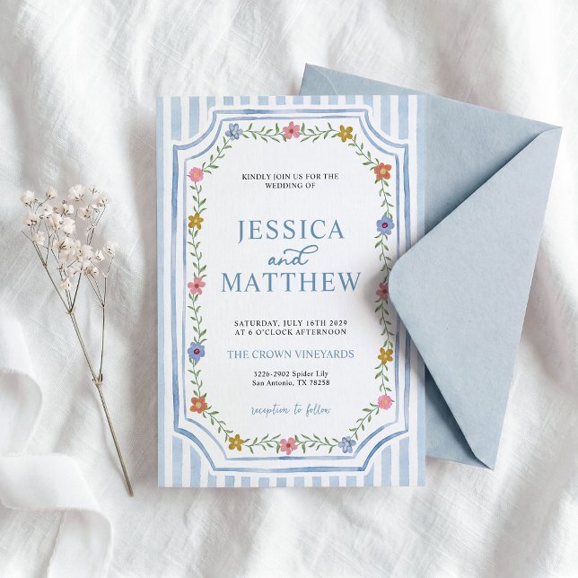 Faire-part de mariage floral à rayures bleues (Créateur téléchargé)