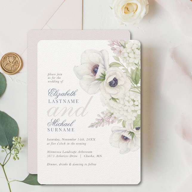 Faire-part de mariage floral Anémone blanche éléga (Elegant White Anemone Wedding Invitation with watercolor florals and timeless romance.)