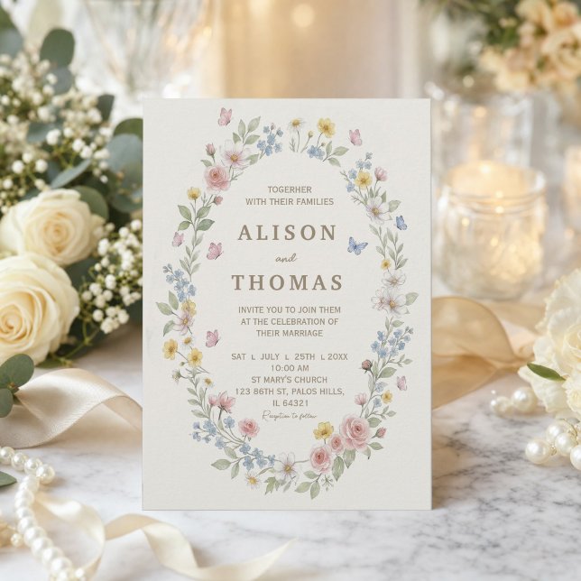 Faire-part de mariage floral aquarelle (#wildflowerinvitation #wildflowerspring #summerwedding #softfloralwedding #romanticflowers#butterfly)