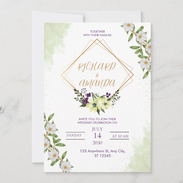 Faire-part de mariage floral aquarelle blanc et ve (Devant)