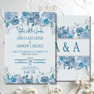 Faire-part de mariage floral aquarelle bleu poussi