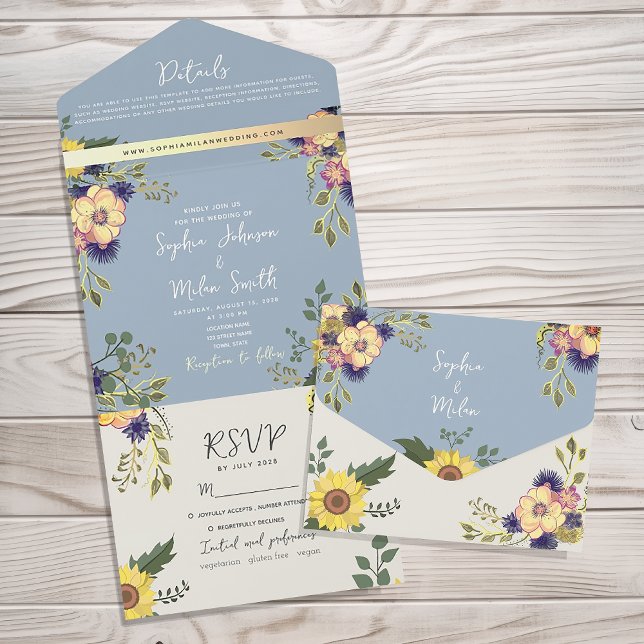 Faire-part de mariage floral aquarelle bleu poussi (Créateur téléchargé)