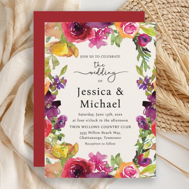 Faire-part de mariage floral aquarelle bohème colo (Colorful floral wedding invitation)