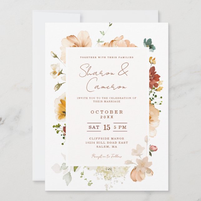 Faire-part de mariage floral aquarelle Bohème rust (Devant)