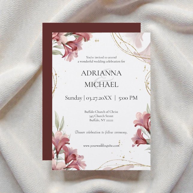 Faire-part de mariage floral aquarelle bordeaux (Créateur téléchargé)