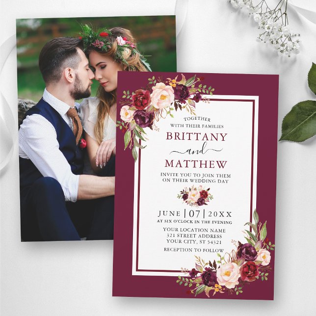 Faire-part de mariage floral aquarelle bordeaux ca (Customize to change text size, text style or color.)