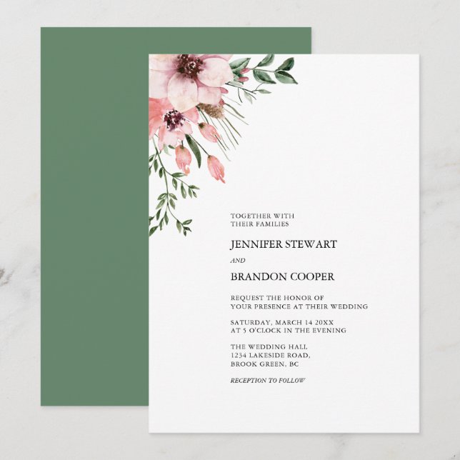 Faire-part de mariage floral aquarelle corail et v (Devant / Derrière)