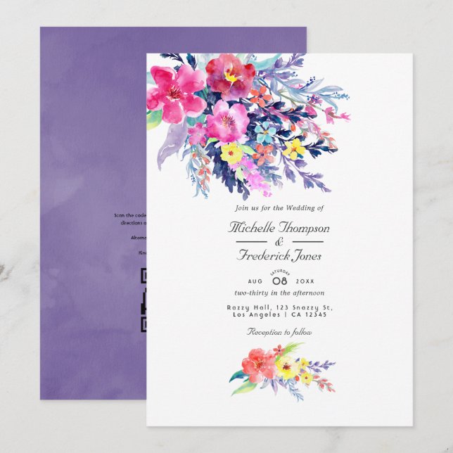 Faire-part de mariage floral aquarelle couleur ave (Devant / Derrière)