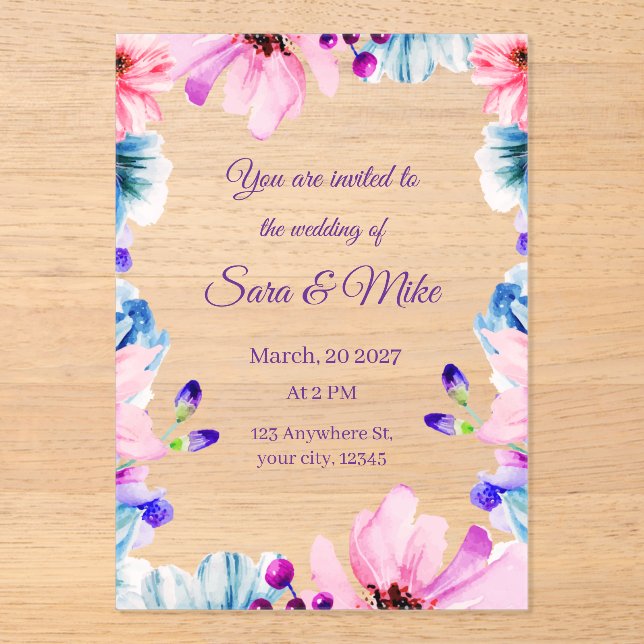 Faire-part de mariage floral aquarelle couleur per (Recto)