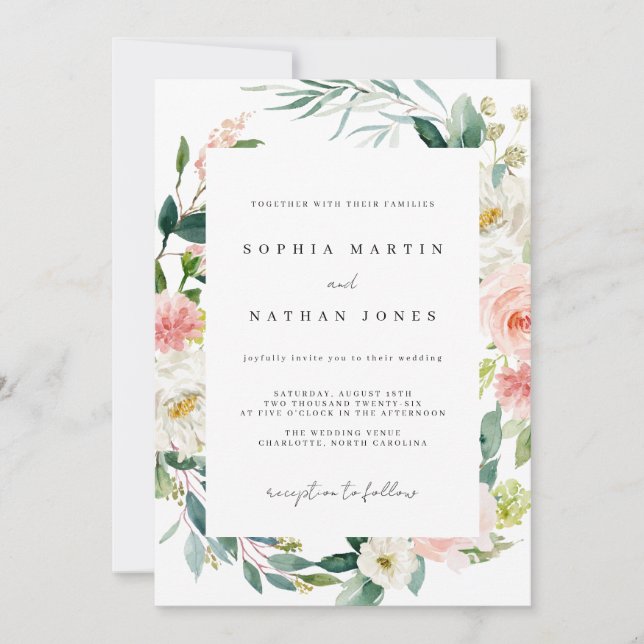 Faire-part de mariage floral aquarelle de printemp (Devant)