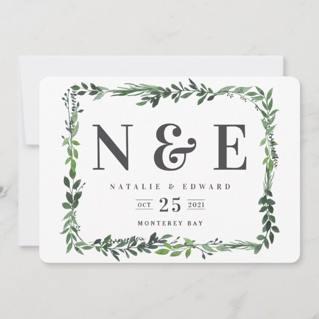 faire-part de mariage floral aquarelle feuillu (Devant)