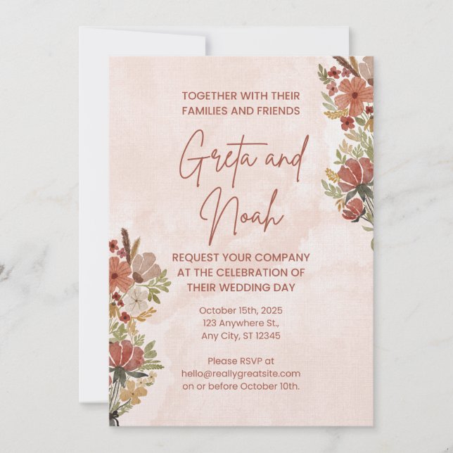 Faire-part de mariage floral aquarelle marron vert (Devant)