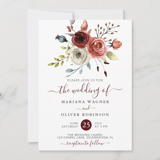 Faire-part de mariage floral aquarelle mélange d'a (Devant)