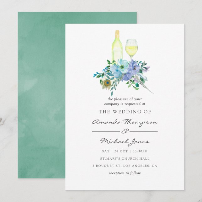 Faire-part de mariage floral aquarelle menthe et b (Devant / Derrière)
