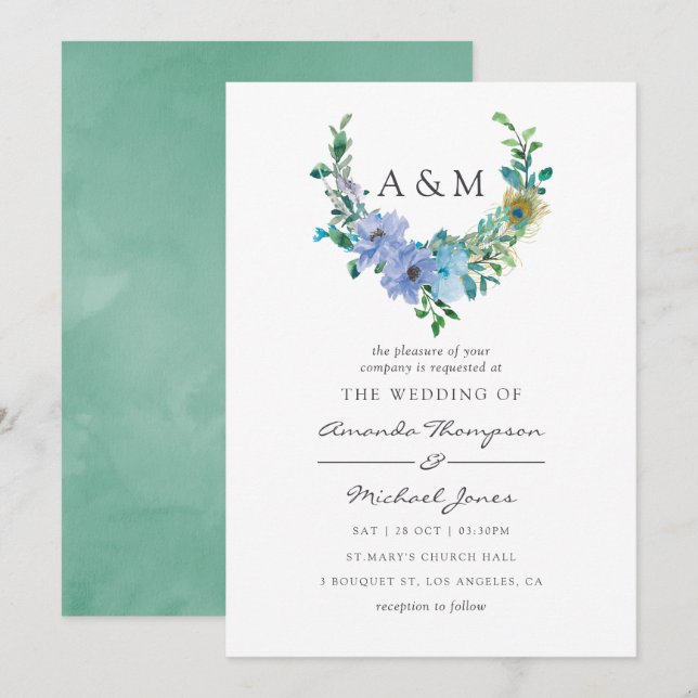 Faire-part de mariage floral aquarelle menthe et b (Devant / Derrière)
