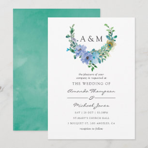 Faire-part de mariage floral aquarelle menthe et b