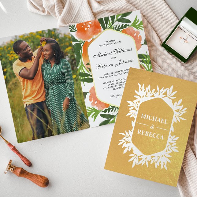 Faire-part de mariage floral aquarelle orange feui (Créateur téléchargé)
